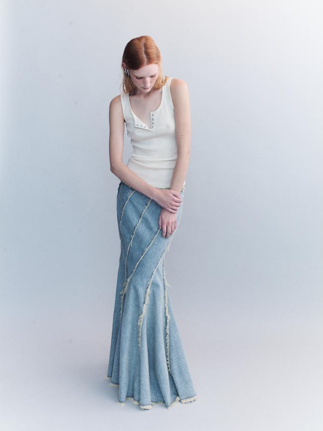A denim skirt from Courtney Zheng.