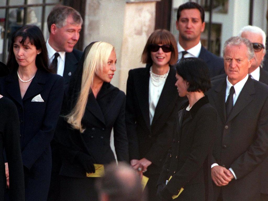 Designers Catherine Walker, left, and Donatella Versace, with Santos Versace, American Vogue editor Anna Wintour and Karl Lagerfeld (obscured) arriving at Westminster Abbey for Diana’s funeral. Picture: Getty Images