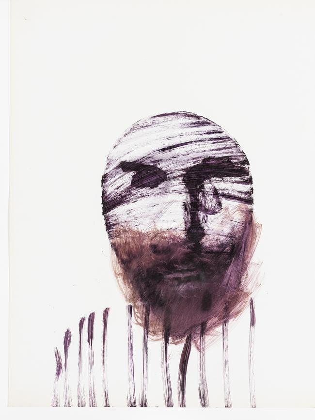 Sidney Nolan, title 'Unknown'. In the exhibition Shaken to His Core: The Untold Story of Nolan's Auschwitz, Sydney Jewish Museum 2022. © The Sidney Nolan Trust