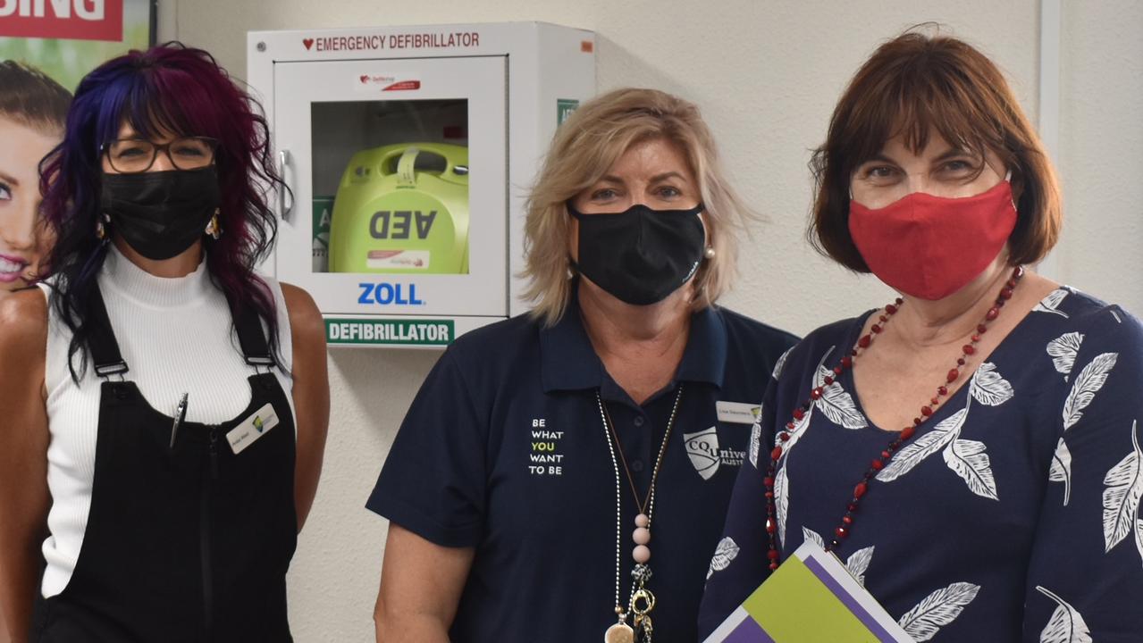 CQU hairdresser teacher Anita West (left), CQU hairdresser teacher Lisa Saunders and Mackay MP Julieanne Gilbert (right) at CQ University TAFE Careers Expo Mackay. Ms West said she is excited for the 2022 students to begin their Certificate III in hairdressing.Picture: Madeleine Graham