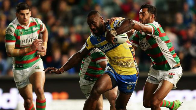 Semi Radradra‘s hat-trick was a bright spot for Parramatta. Picture: Brett Costello