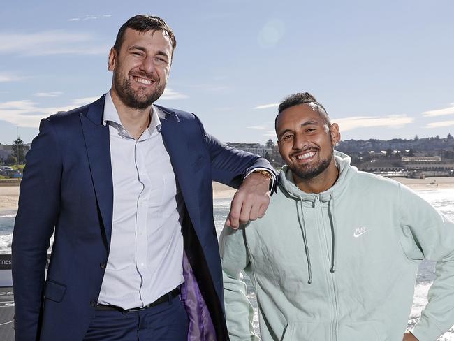 Andrew Bogut and Nick Kyrgios in the Hennessy basketball event in Bondi.