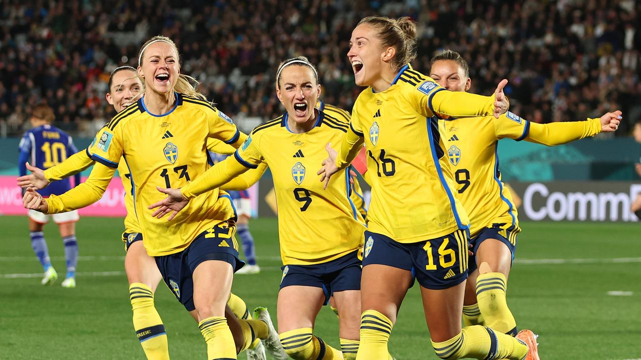 AUCKLAND, NEW ZEALAND - AUGUST 11: Filippa Angeldal (2nd R) of Sweden celebrates with teammates after scoring her team's second goal during the FIFA Women's World Cup Australia &amp; New Zealand 2023 Quarter Final match between Japan and Sweden at Eden Park on August 11, 2023 in Auckland, New Zealand. (Photo by Buda Mendes/Getty Images)