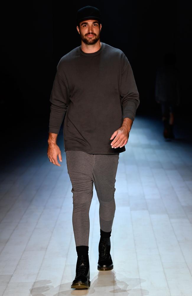 Former AFL player Tom Derickx walks the runway during the Justin Cassin show at Mercedes-Benz Fashion Week Resort 18 Collections at Carriageworks on May 15, 2017 in Sydney, Australia. Picture: Getty