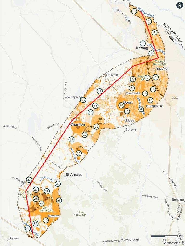 Likely VNI West route, as drawn by electrical engineer Simon Bartlett, bypassing towns, flood plains where possible and culturally sensitive zones identified by TCV.