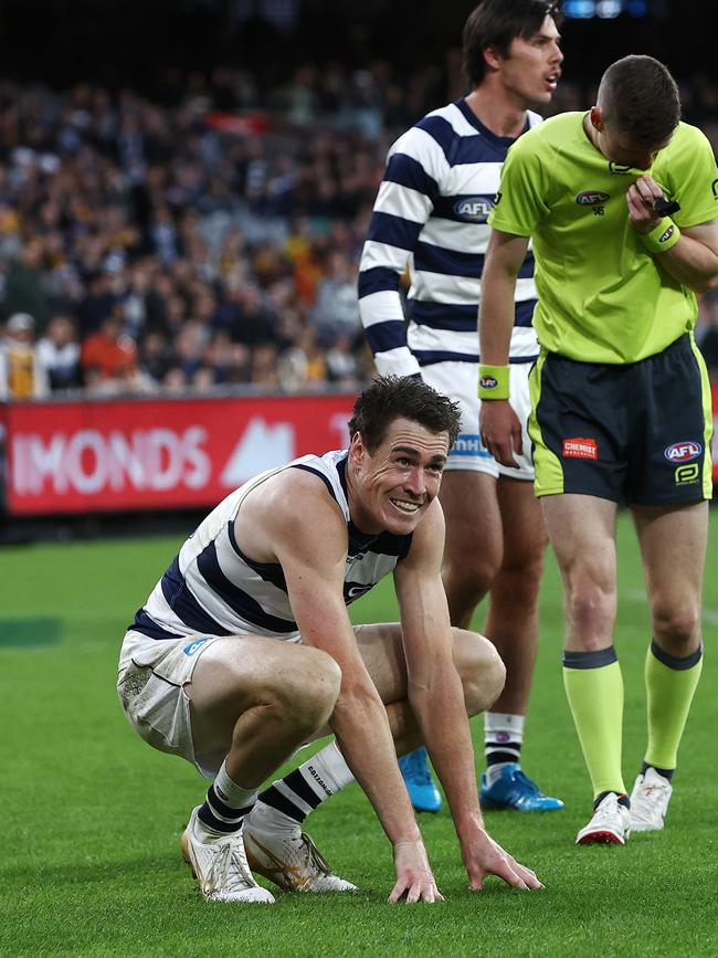 Jeremy Cameron cleaned up the boundary umpire while celebrating a goal. Picture: Michael Klein