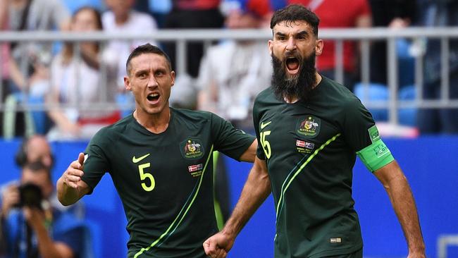 Mile Jedinak celebrates his pen. Picture: AFP