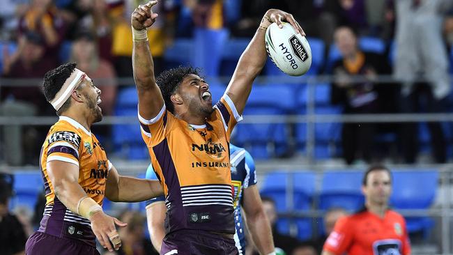 Jonus Pearson celebrates after scoring a try. Picture: (AAP Image/Dave Hunt)