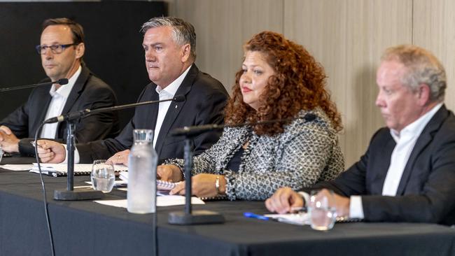 Key Collingwood figures Mark Anderson, Eddie McGuire, Jodie Sizer and Peter Murphy fronted the media on Monday. Picture: Jake Nowakowski