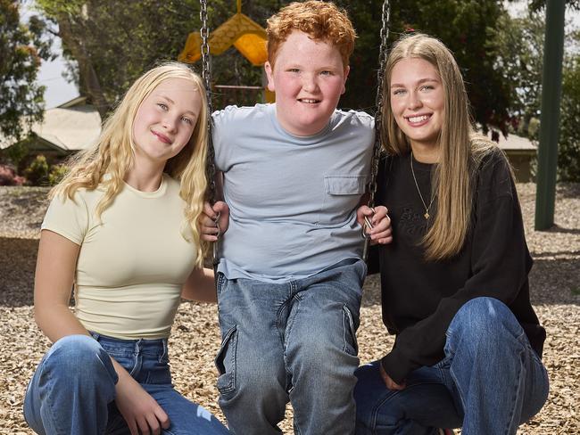 Siblings Gigi Glastonbury, 12, Frank Glastonbury, 10 and Coco Glastonbury, 15 at a park in St Morris, Thursday, Oct. 3, 2024. Picture: Matt Loxton