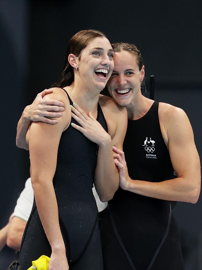 Meg Harris and Bronte Campbell celebrate victory in the 4x100m freestyle relay. Picture: Al Bello/Getty Images