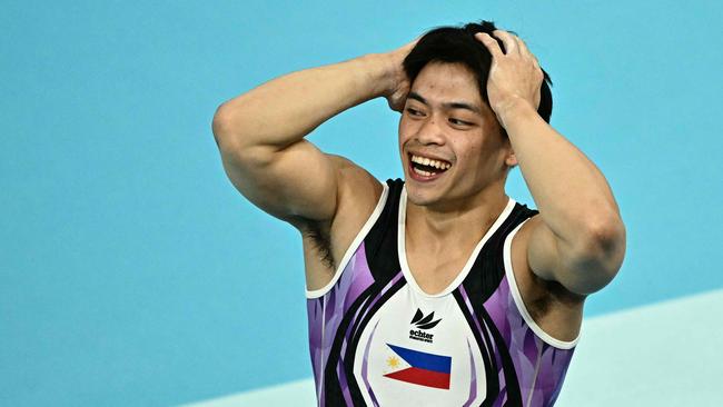 Yulo said he did not expect to win a second gold as he couldn’t sleep because he was so excited about winning the first one. Picture: Gabriel Bouys / AFP