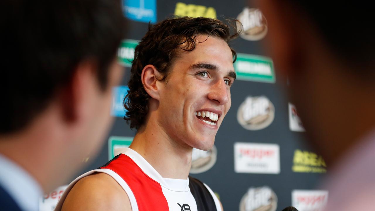 Max King speaks with media after being recruited by St Kilda in the National Draft.