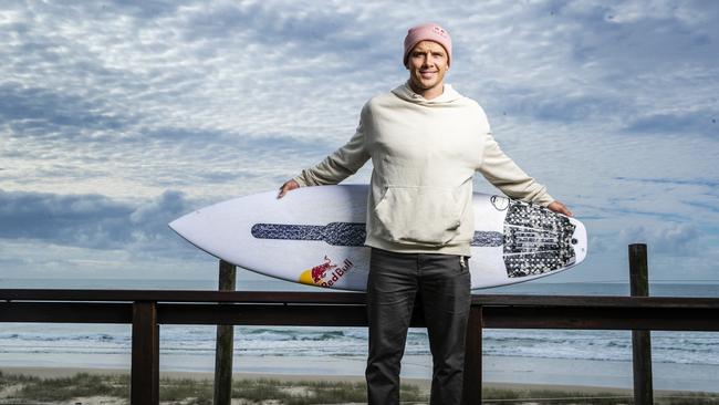 Pro surfer Julian Wilson back in his hometown in Coolum Beach before heading to join the Australian surf team in Japan for the Tokyo Olympics. Picture: Lachie Millard