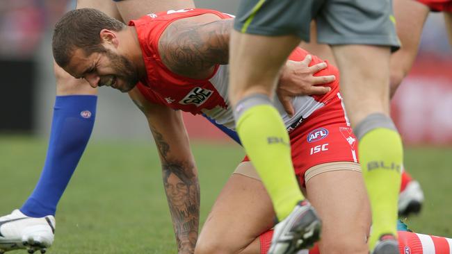 Lance Franklin copped a heavy knock to the hip/ribs.