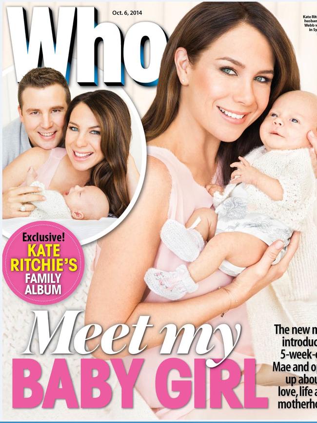 The Who Magazine cover featuring Kate Ritchie and her new baby, Mae. Picture: WHO / Supplied