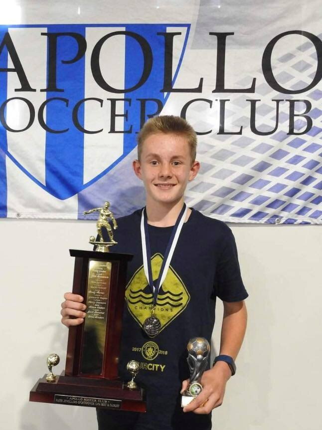 William Fry accumulated multiple accolades during his time at Apollo FC, including an under-17s premiership at just 13 years old. The club now plans to permanently dedicate trophies in his name. Picture: Supplied, Apollo FC