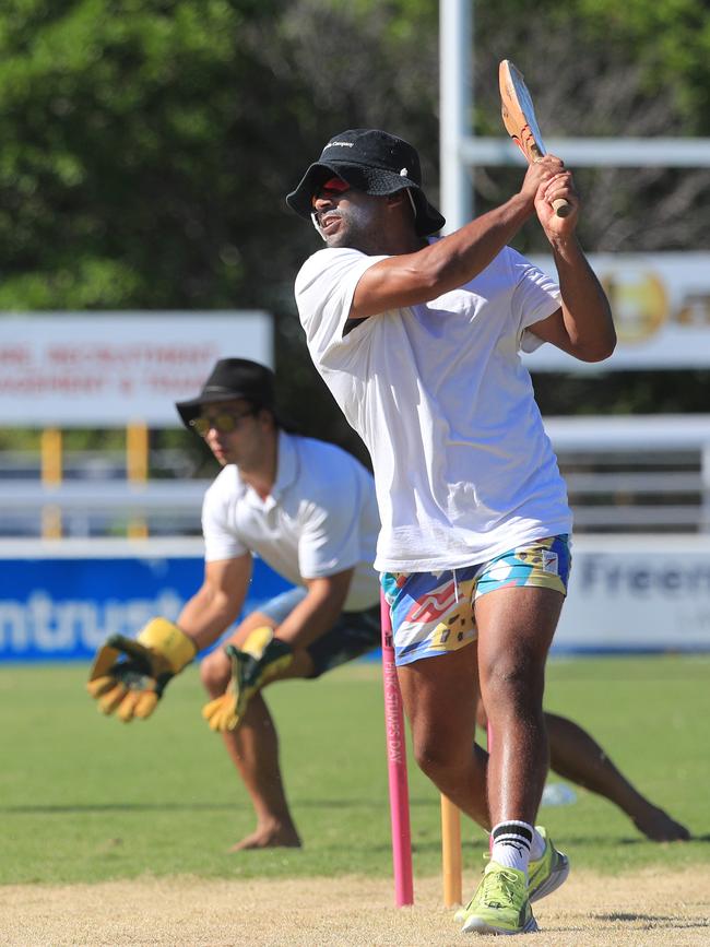 26th January 2021 - Gold Coast Titans player Tyrone Peachy belts a ball to the boundary at Pizzy park as the Bears took on the Gold Coast Titans in an Australian Day cricket clash. Photo: Scott Powick NEWSCORP