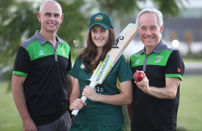 Ghosts vice-president Chris Patterson, female cricketer Clara Iemma and president Morris Iemma celebrate the launch of a female cricket academy for the Macarthur region. Picture: Robert Pozo