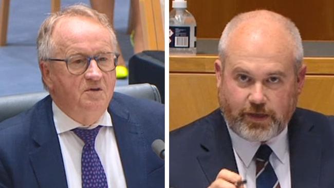 Defence Housing Australia managing director Barry Jackson and NSW Labor Senator Tim Ayres during senate estimates on October 26.