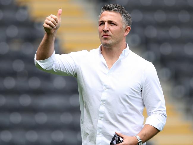 Warrington Wolves' Head Coach Sam Burgess inspects the pitch prior to the Betfred Super League match at the MKM Stadium, Kingston upon Hull. Picture date: Saturday June 22, 2024. (Photo by Jessica Hornby/PA Images via Getty Images)