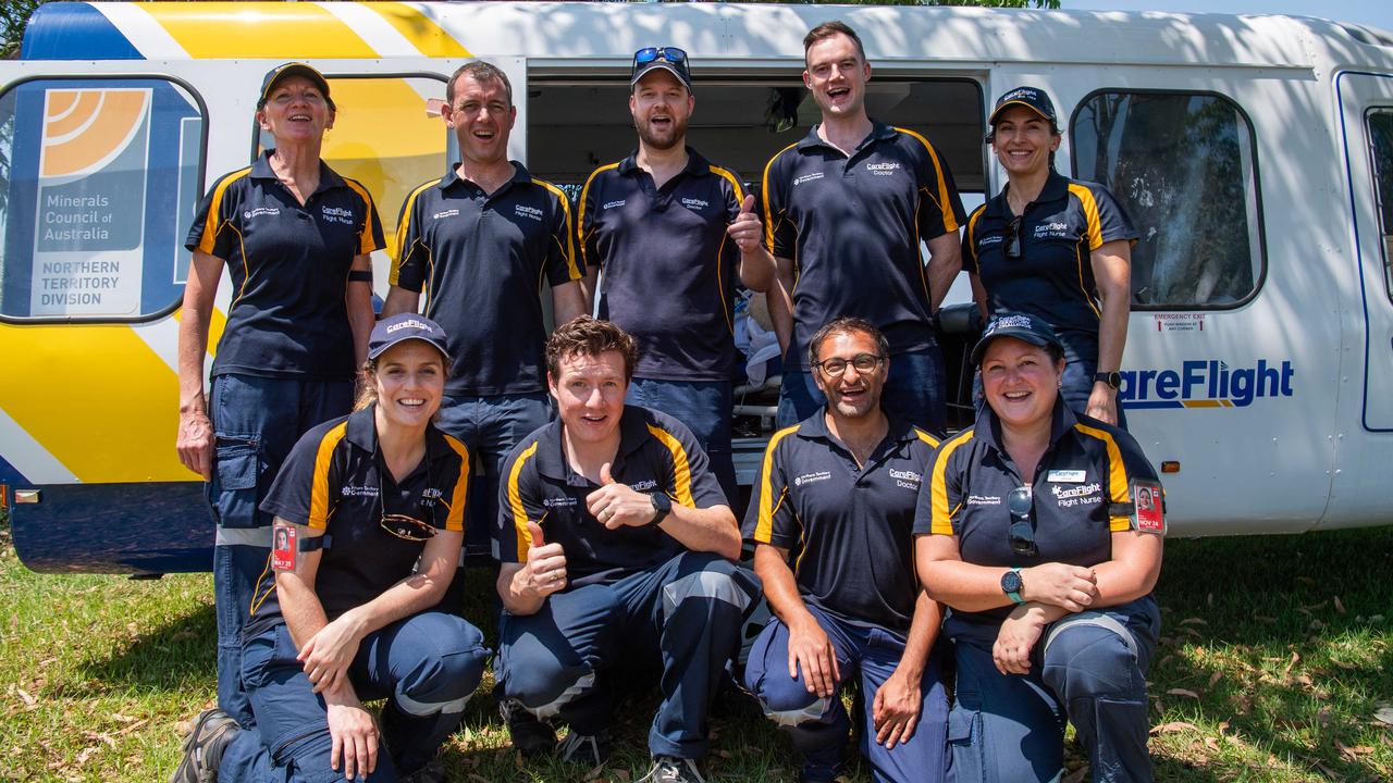 Top row: Trudy Guiney, Dean Blackney, Dr James Hooper, Dr Joseph Poxon and Jaye Sheppard Bottom row: Ella Touhy, Dr Sean Heagney, Dr Bhusan joshi and Olivia Bigham at the CareFlight training for the Australian medical students as part of the AMSA Rural Health summit at Fort Hill Parkland, Darwin