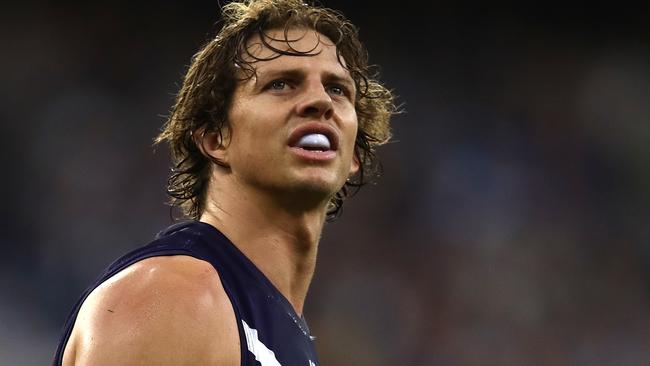 PERTH, AUSTRALIA - MAY 12: Nathan Fyfe of the Dockers looks on during the round eight AFL match between the Fremantle Dockers and the Richmond Tigers at Optus Stadium on May 12, 2019 in Perth, Australia. (Photo by Paul Kane/Getty Images)