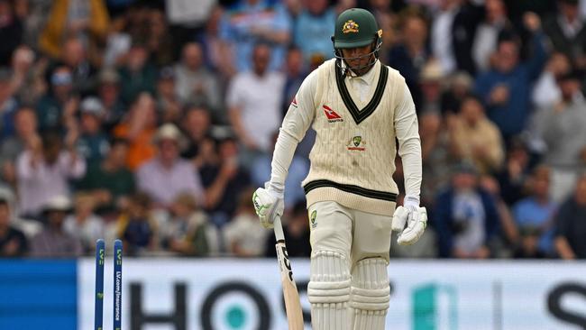 Australia's Usman Khawaja was bowled out after making just 13 runs. Picture: AFP