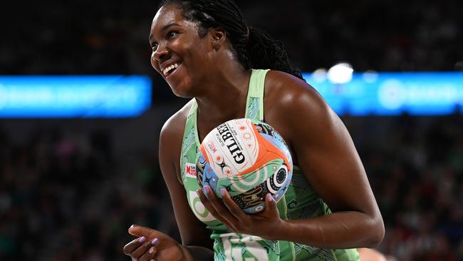 MELBOURNE, AUSTRALIA - JULY 07: Jhaniele Fowler-Nembhard of the Fever reacts during the round 13 Super Netball match between Melbourne Vixens and West Coast Fever at John Cain Arena, on July 07, 2024, in Melbourne, Australia. (Photo by Daniel Pockett/Getty Images)