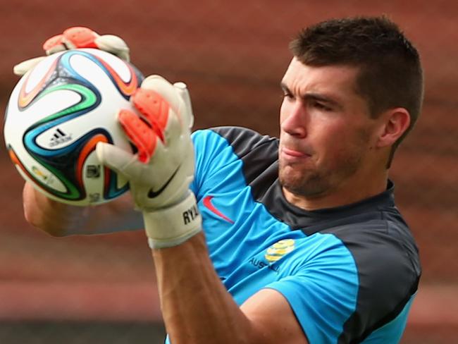 VITORIA, BRAZIL - JUNE 08: Mat Ryan of the Socceroos goal-keeps during an Australian Socceroos training session at Arena Unimed Sicoob on June 8, 2014 in Vitoria, Brazil. (Photo by Cameron Spencer/Getty Images)