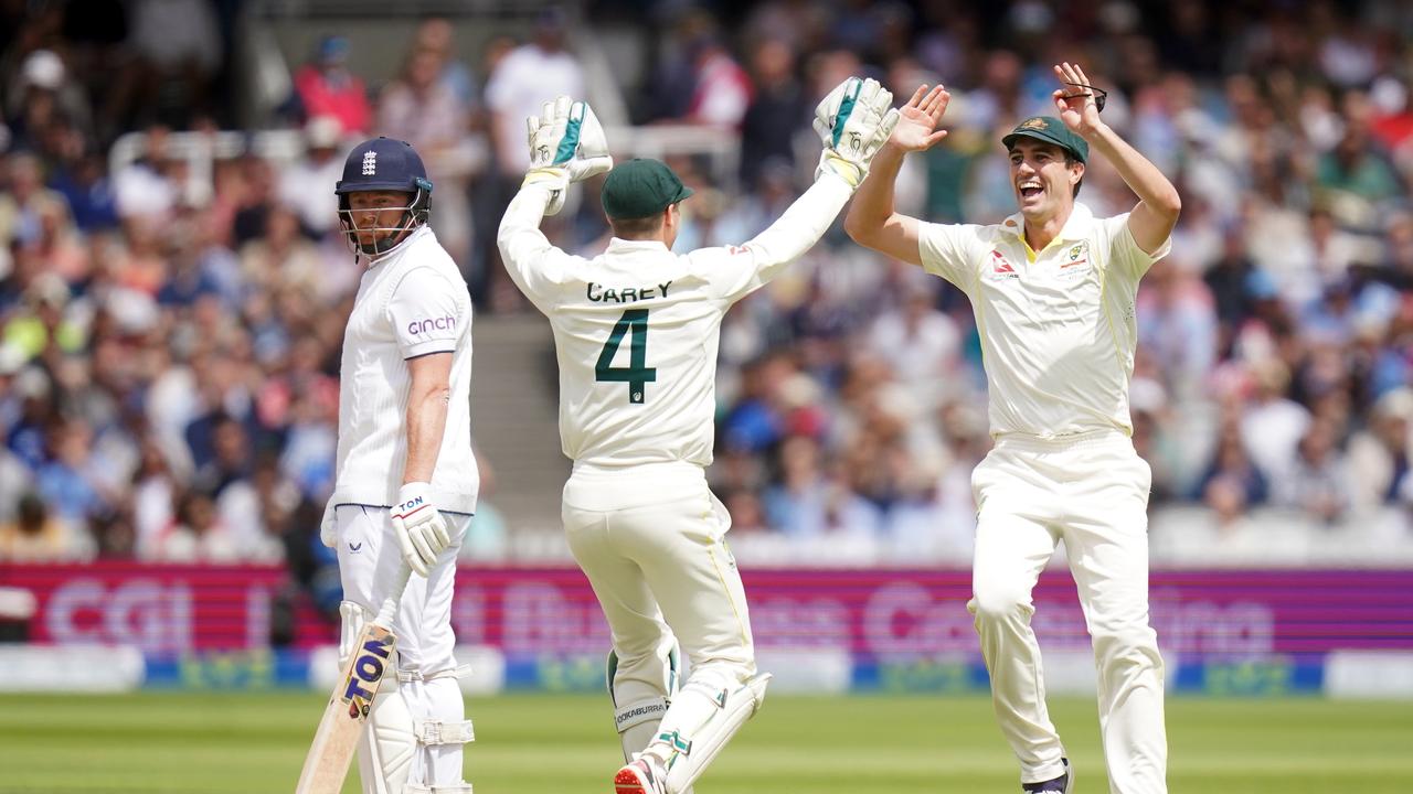 Carey (centre) was thrust into the spotlight after the controversial Jonny Bairstow dismissal at Lord’s. Picture: Getty