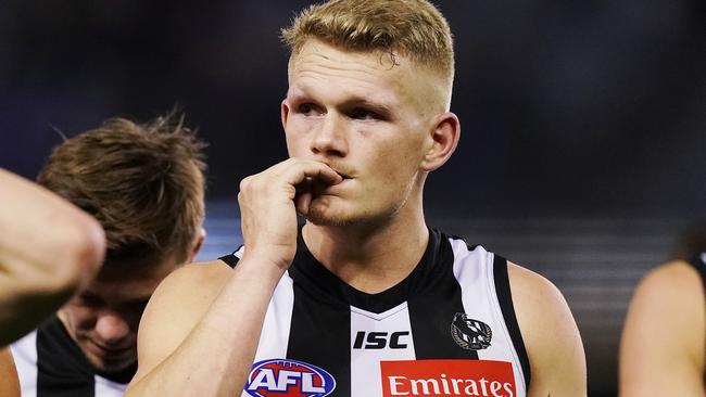 MELBOURNE, AUSTRALIA - JUNE 29: Adam Treloar of the Magpies looks dejected after defeat during the Round 15 AFL match between Collingwood v North Melbourne at Marvel Stadium on June 29, 2019 in Melbourne, Australia. (Photo by Michael Dodge/Getty Images)