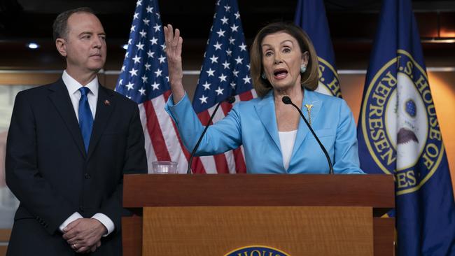 Adam Schiff, after channelling his inner Scorsese, with ‘Saint’ Nancy Pelosi at the Capitol in Washington on Thursday. Picture: AP