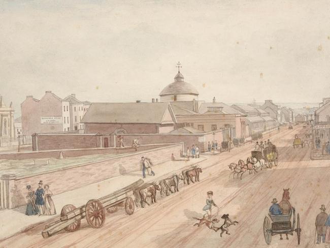 George St looking north, showing the old burial ground on the left, now the site of the Town Hall, 1842. Image: John Rae/State Library of NSW