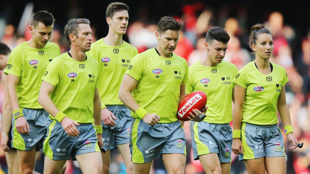 Umpires Simon Meredith and Eleni Glouftsis are some of the AFL umpires who’ll participate in AFLW games in 2020. Picture: Michael Dodge