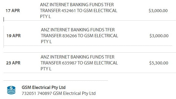 The transfers made to the scammers. Picture: Supplied