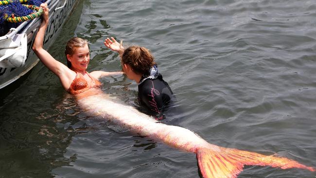 Filming of kids tv show "H2O, just add water," at a Broadwater jetty, featuring actor Isabele Durant, as a Mermaid. Pic Jono Searle.