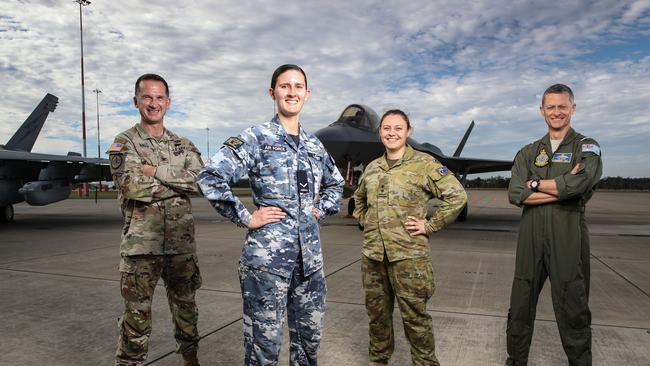 Colonel Jerry Hall from Headquarters US Army Pacific, Leading Aircraft Women Rebecca Lowry from 23 Squadron, Lieutenant Sigourney Williamson from Headquarters Joint Operations Command and Air Commodore Tim Alsop at the Talisman Sabre opening ceremony from RAAF Base Amberley. Picture: Zak Simmonds