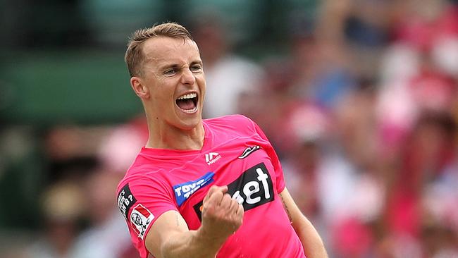 Englishman Tom Curran celebrates one of his 22 wickets for the Sixers.