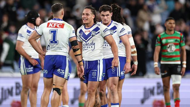 Jackson Topine, third from the right, representing the Bulldogs against the South Sydney Rabbitohs in 2023. Picture: Cameron Spencer/Getty Images