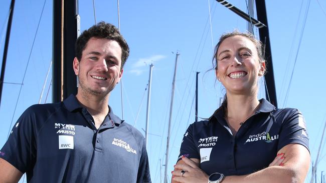 30/08/2024. Paris Olympian Olivia Price with old friend Cole Tapper, photographed on Olivia's Dad's boat at Cruising Yacht Club of Australia, Darling Point in Sydney.  They are both skippers in Australia's first ever women's and youths America's Cups set to be held in Barcelona. Britta Campion / The Australian