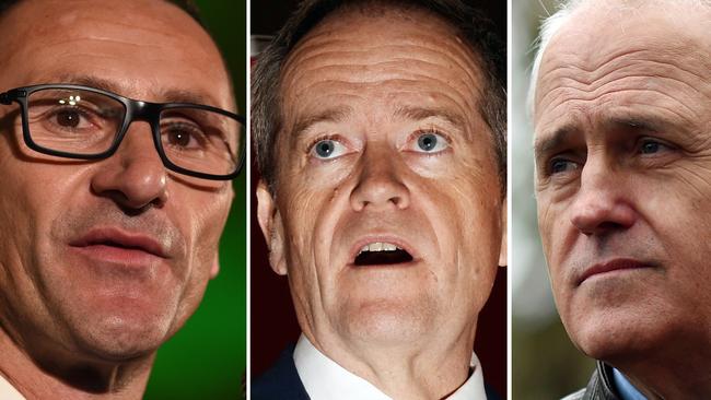 None of the four big party leaders – Malcolm Turnbull (right), Bill Shorten (centre), Barnaby Joyce or Richard di Natale (left) – has taken his party to an election. Picture: AAP