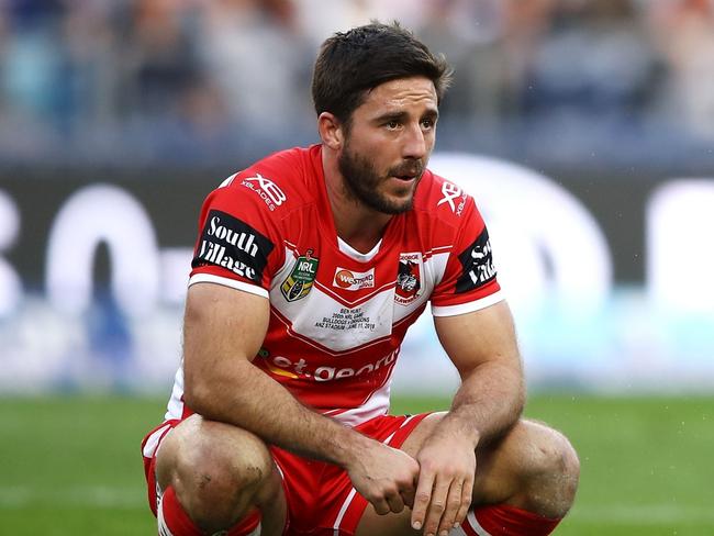 SYDNEY, AUSTRALIA - JUNE 11: Ben Hunt of the Dragons catches his breath during the round 14 NRL match between the Canterbury Bulldogs and the St George Illawarra Dragons at ANZ Stadium on June 11, 2018 in Sydney, Australia. (Photo by Mark Kolbe/Getty Images)