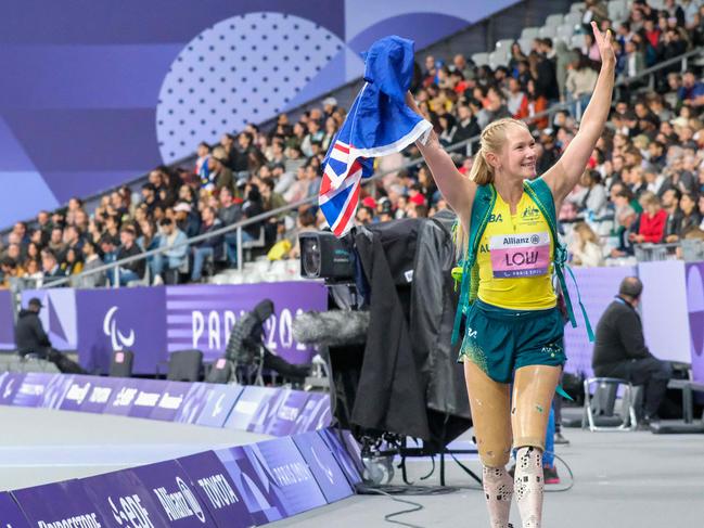 Australian long jumper Vanessa Low defending her paralympic title at the Paris paralympics, smashing her own T63 world record with a leap of 5.45m on the way to winning the gold medal.  Photo: Jacquelin Magnay