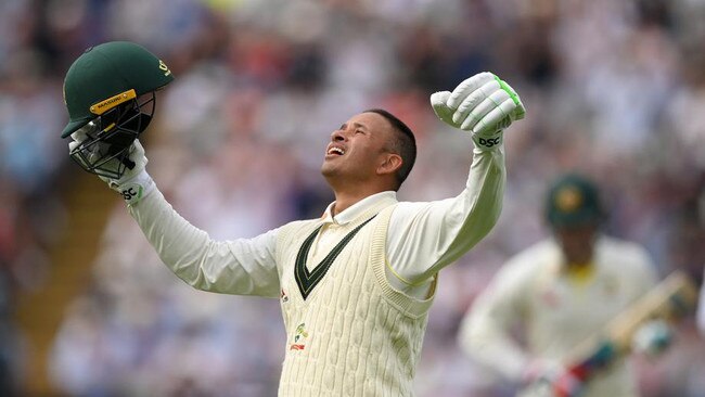 Usman Khawaja celebrates his century during day 2 of the first Ashes Test at Edgbaston in Birmingham. Picture: Stu Forster/Getty Images.