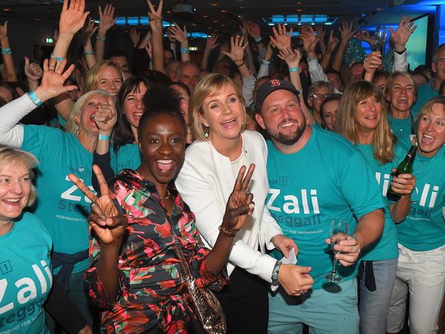 Independent MP for Warringah Zali Steggall celebrates her victory at the 2019 federal election. She has hit back at claims she did not properly disclose campaign donations. AAP Image/Dylan Coker