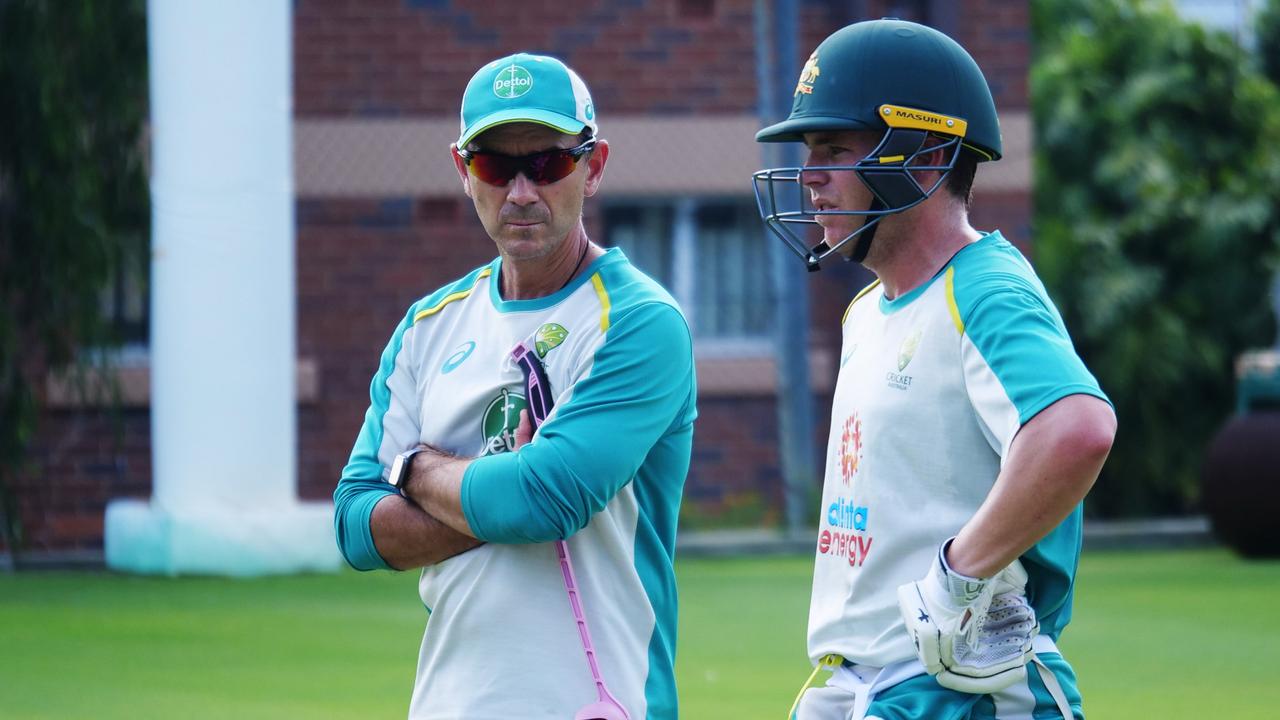 Justin Langer and batsman Marcus Harris in January. Picture: cricket.com.au