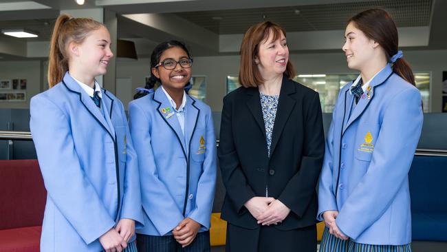 Lowther Hall Anglican Grammar principal Elisabeth Rhodes with year 7 students, Adele Conkling, Parami Illeperuma and Jemma Choong. Picture: Sarah Matray