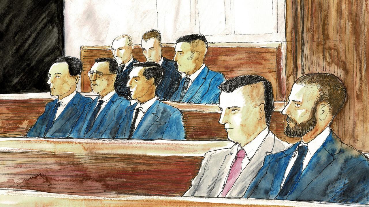 Jason De Ieso murder accused (back row) Kyle Pryde, Nicholas Sianis, Seywan Moradi, (centre) Mohamed Alzuain, Musa Alzuain, Husain Alzuain, (front), Daniel Jalleh and Ross Montgomery. Picture: Timothy Ide