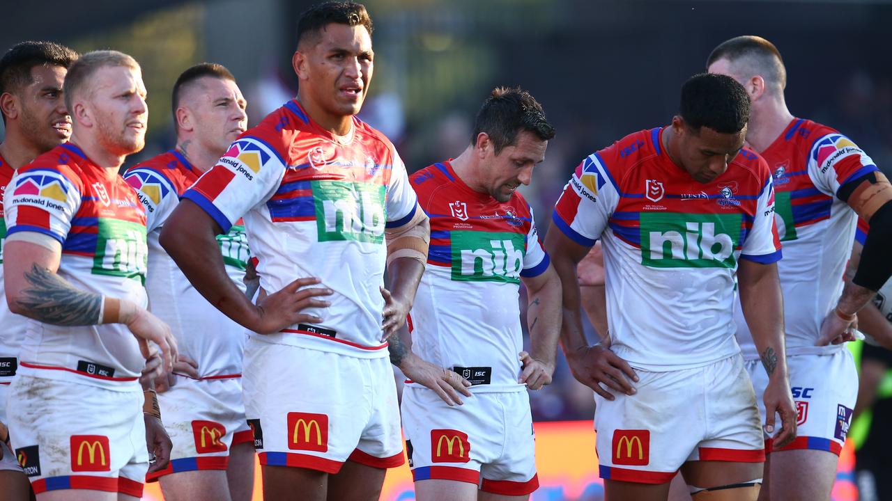 Knights players look dejected during the loss to Manly